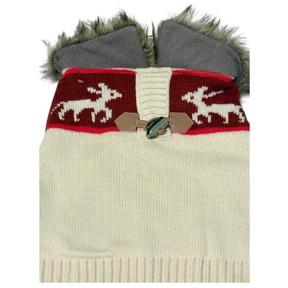 Pet Shoppe Holiday Fur Collared Dog Sweater Medium/Large 20-35 Lbs Cream/Maroon